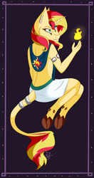 Size: 1132x2146 | Tagged: safe, artist:twigpony, imported from derpibooru, sunset shimmer, anthro, classical unicorn, unguligrade anthro, unicorn, clothes, cloven hooves, ear piercing, egyptian, female, fiery shimmer, fire, goddess, leonine tail, piercing, signature, solo, sunset shimmer is god