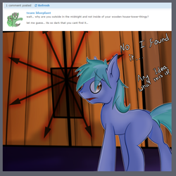 Size: 1226x1226 | Tagged: safe, artist:wulfanite, imported from derpibooru, oc, oc only, oc:mimicry, earth pony, pony, ask, chaos, chaos symbol, locked out, night, symbol, tumblr