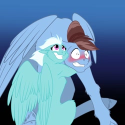 Size: 1280x1280 | Tagged: safe, artist:foxenawolf, imported from derpibooru, fleetfoot, oc, oc:calm wind, pony, fanfic:piercing the heavens, blushing, canon x oc, fanfic art, fleetwind, hug, non-consensual cuddling, wonderbolts