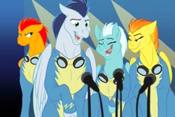 Size: 1279x853 | Tagged: safe, artist:foxenawolf, imported from derpibooru, fleetfoot, soarin', spitfire, oc, oc:rapidfire, pegasus, pony, fanfic:piercing the heavens, clothes, fanfic art, uniform, wonderbolts, wonderbolts uniform