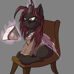 Size: 2000x2000 | Tagged: safe, imported from derpibooru, oc, oc only, oc:invictia sadie, changeling, 4chan, chair, changeling oc, clothes, cute, cute little fangs, drawthread, fangs, glasses, magic, red changeling, simple background, sitting, solo, sweater, telekinesis