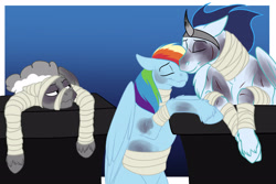Size: 3600x2400 | Tagged: safe, artist:foxenawolf, imported from derpibooru, rainbow dash, silver lining, silver zoom, soarin', pony, fanfic:piercing the heavens, bandage, bruised, fake horn, fanfic art, injured, male, shipping, soarindash, straight, wonderbolts