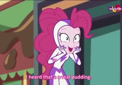 Size: 689x480 | Tagged: safe, imported from derpibooru, screencap, fili-second, pinkie pie, equestria girls, movie magic, spoiler:eqg specials, clothes, costume, food, power ponies, pudding, smiling, stormy with a side of pudding, subtitles, teletoon