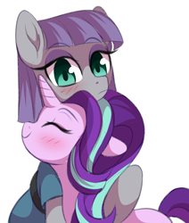 Size: 1256x1484 | Tagged: dead source, safe, artist:verawitch, deleted from derpibooru, imported from derpibooru, maud pie, starlight glimmer, earth pony, pony, unicorn, blushing, cute, eyes closed, female, floppy ears, glimmerbetes, hug, lesbian, mare, neck nuzzle, nuzzling, shipping, simple background, smiling, starmaud, white background