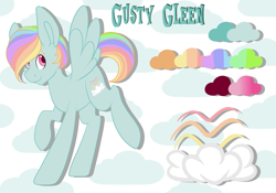 Size: 5014x3502 | Tagged: safe, artist:beashay, imported from derpibooru, oc, oc only, oc:gusty gleen, pegasus, pony, absurd resolution, cloud, high res, looking at you, male, offspring, parent:rainbow dash, parent:zephyr breeze, parents:zephdash, pegasus oc, reference sheet, smiling, smiling at you, solo, stallion