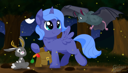 Size: 6888x3968 | Tagged: safe, artist:glitterstar2000, imported from derpibooru, princess luna, alicorn, bat, jackalope, pony, absurd resolution, blank flank, cute, female, filly, lunabetes, night, saddle bag, smiling, stars, tree, woona, younger