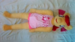 Size: 1920x1080 | Tagged: safe, artist:liggliluff, artist:pixie panda plush, derpibooru exclusive, imported from derpibooru, apple bloom, anthro, plantigrade anthro, anthro plushie, bow, clothes, feet, female, hair bow, irl, photo, plushie, shorts, solo, tanktop
