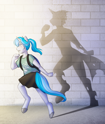 Size: 3469x4084 | Tagged: safe, artist:askbubblelee, imported from derpibooru, oc, oc only, oc:bubble lee, oc:imago, anthro, changeling, unguligrade anthro, unicorn, absurd resolution, changeling oc, clothes, disguise, disguised changeling, female, filly, freckles, mare, plot twist, shadow, smiling, solo, story in the source, tearjerker