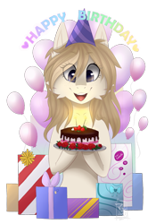 Size: 1109x1582 | Tagged: safe, artist:monogy, imported from derpibooru, oc, oc only, oc:tegan, earth pony, pony, birthday cake, cake, female, food, hat, mare, party hat, present, simple background, solo, transparent background