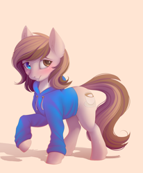 Size: 2000x2431 | Tagged: safe, artist:evehly, imported from derpibooru, oc, oc only, oc:mocha creme, earth pony, pony, clothes, commission, female, heterochromia, hoodie, mare, simple background, smiling, solo, sweater