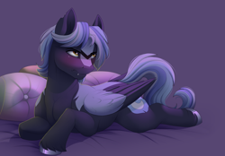 Size: 2874x2000 | Tagged: safe, artist:evehly, imported from derpibooru, oc, oc only, oc:moonbeam, pegasus, pony, bed, blushing, colored wings, commission, fangs, male, multicolored wings, pillow, prone, simple background, solo, stallion, unshorn fetlocks