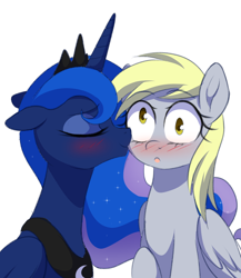 Size: 1524x1754 | Tagged: safe, artist:verawitch, deleted from derpibooru, imported from derpibooru, derpy hooves, princess luna, alicorn, pegasus, pony, blushing, eyes closed, female, kissing, lesbian, lunaderp, mare, shipping