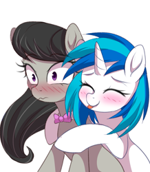 Size: 1613x1850 | Tagged: safe, artist:verawitch, deleted from derpibooru, imported from derpibooru, dj pon-3, octavia melody, vinyl scratch, earth pony, pony, unicorn, blushing, cute, eyes closed, female, lesbian, mare, scratchtavia, shipping, simple background, tavibetes, vinylbetes