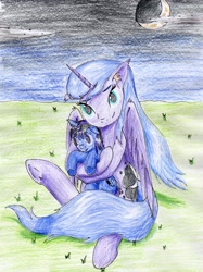 Size: 2364x3168 | Tagged: safe, artist:40kponyguy, derpibooru exclusive, imported from derpibooru, princess luna, oc, oc:darkest lunar flower, alicorn, pony, crescent moon, cuddling, moon, plushie, raised hoof, traditional art, underhoof