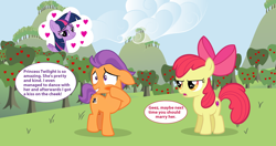 Size: 3304x1748 | Tagged: safe, artist:lunaticdawn, imported from derpibooru, apple bloom, tender taps, twilight sparkle, alicorn, pony, apple bloom is not amused, cute, dialogue, female, implied twilight sparkle, jealous, male, sarcasm, shipping, straight, twilight sparkle (alicorn), twitaps, unamused