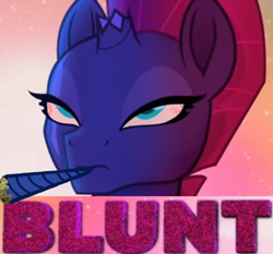 Size: 510x476 | Tagged: safe, artist:paintanon, imported from derpibooru, tempest shadow, pony, my little pony: the movie, 420 blaze it, bloodshot eyes, blunt, broken horn, caption, dank memes, drugs, emily blunt, expand dong, exploitable meme, horn smoking, image macro, meme, pun, shitposting, smoke weed erryday, smoke weed everyday, smoking, voice actor joke