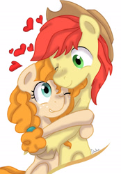 Size: 1600x2300 | Tagged: safe, artist:chikiz65, imported from derpibooru, bright mac, pear butter, earth pony, pony, the perfect pear, brightbutter, colored, hat, heart, hug, lightly watermarked, shading, shipping, simple background, watermark, white background