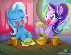 Size: 2226x1734 | Tagged: safe, artist:the-butch-x, imported from derpibooru, starlight glimmer, trixie, pony, unicorn, aweeg*, burger, commission, cute, diatrixes, duo, eating, eyes closed, female, food, french fries, glimmerbetes, hay burger, hay fries, mare, messy eating, signature, table