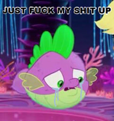 Size: 241x258 | Tagged: safe, edit, edited screencap, imported from derpibooru, screencap, spike, puffer fish, my little pony: the movie, cropped, crying, just fuck my shit up, male, solo, species swap, spike the pufferfish, vulgar