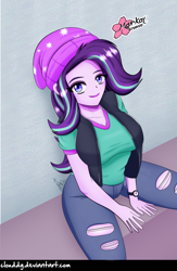 Size: 1930x2953 | Tagged: safe, artist:clouddg, imported from derpibooru, starlight glimmer, human, equestria girls, mirror magic, spoiler:eqg specials, beanie, breasts, busty starlight glimmer, clothes, female, hat, looking at you, pants, simple background, sitting, smiling, solo