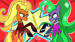 Size: 1024x576 | Tagged: safe, artist:susanzx2000, imported from derpibooru, flare de mare, mane-iac, pony, antagonist, comic, maretropolis, power ponies oc, supervillain, villain fight, villainess, watermark