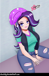 Size: 1930x2953 | Tagged: safe, artist:clouddg, imported from derpibooru, starlight glimmer, equestria girls, mirror magic, spoiler:eqg specials, beanie, breasts, busty starlight glimmer, clothes, female, hat, human coloration, looking at you, pants, shirt, simple background, sitting, smiling, solo, vest