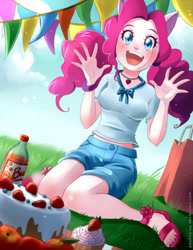 Size: 695x900 | Tagged: safe, artist:paulina-ap, imported from derpibooru, pinkie pie, human, apple, blushing, cake, clothes, cupcake, cute, diapinkes, eared humanization, feet, female, food, grass, humanized, jewelry, looking at you, necklace, open mouth, sandals, shirt, shorts, smiling, soda, solo, toes