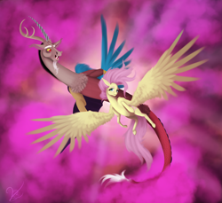 Size: 3914x3578 | Tagged: safe, artist:vinicius040598, imported from derpibooru, discord, fluttershy, draconequus, pegasus, pony, duo, female, flying, mare, spread wings, wings