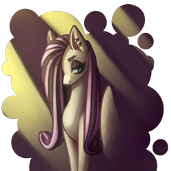 Size: 2000x2000 | Tagged: safe, artist:hikarie-katsura, imported from derpibooru, fluttershy, pegasus, pony, ear piercing, emoshy, eyeshadow, female, hair over one eye, lidded eyes, looking back, makeup, mare, piercing, simple background, solo, transparent background