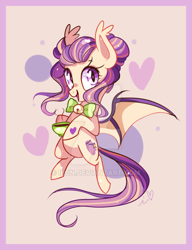 Size: 600x783 | Tagged: safe, artist:ipun, imported from derpibooru, oc, oc only, oc:melissa mittens, bat pony, pony, chocolate, cup, female, food, heart eyes, hot chocolate, mare, obtrusive watermark, solo, teacup, watermark, wingding eyes