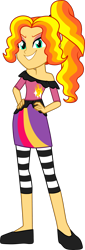 Size: 1126x3301 | Tagged: safe, artist:namygaga, imported from derpibooru, oc, oc only, oc:sunshine glow, pony, equestria girls, clothes, female, hand on hip, magical lesbian spawn, next generation, offspring, parent:adagio dazzle, parent:sunset shimmer, parents:sunsagio, simple background, smiling, transparent background