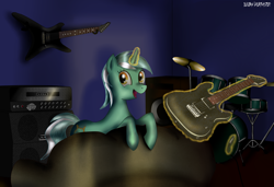 Size: 3648x2500 | Tagged: safe, artist:elijahdeathster, imported from derpibooru, lyra heartstrings, pony, unicorn, couch, drums, electric guitar, female, guitar, magic, musical instrument, smiling, solo, speaker, speakers, telekinesis