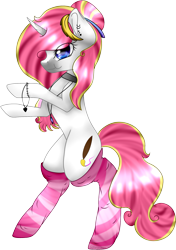 Size: 1513x2152 | Tagged: safe, artist:ohhoneybell, imported from derpibooru, oc, oc only, oc:pink lovely neko, pony, unicorn, :t, bipedal, choker, clothes, female, mare, simple background, socks, solo, striped socks, transparent background