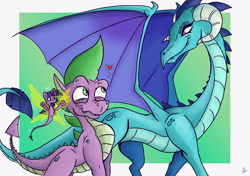 Size: 5016x3541 | Tagged: safe, artist:dinodraketakethecake, imported from derpibooru, princess ember, spike, twilight sparkle, dragon, fairy, absurd resolution, crossover, looking at each other, older, older spike, quadrupedal, size difference, smiling, species swap, spyro the dragon, spyro the dragon (series), the legend of spyro, trio