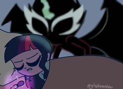 Size: 1378x999 | Tagged: safe, artist:psychodiamondstar, imported from derpibooru, sci-twi, twilight sparkle, equestria girls, bed, bedsheets, clothes, duo, eyes closed, magic, midnight sparkle, nightmare, pillow, sleeping