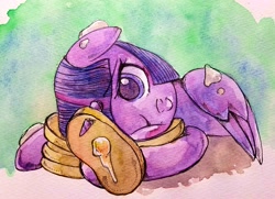 Size: 3868x2797 | Tagged: safe, artist:awk44, imported from derpibooru, twilight sparkle, twilight sparkle (alicorn), alicorn, pony, cute, female, floppy ears, food, i'm pancake, one eye closed, pancakes, smiling, solo, traditional art, twiabetes, watercolor painting