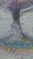 Size: 1102x1960 | Tagged: safe, artist:windymils, imported from derpibooru, twilight sparkle, twilight sparkle (alicorn), alicorn, pony, female, lined paper, mare, missing horn, sitting, solo, traditional art, tree