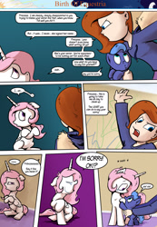 Size: 1280x1853 | Tagged: safe, artist:shieltar, imported from derpibooru, princess celestia, princess luna, oc, oc:grace harmony, pony, comic:birth of equestria, baby, baby pony, cewestia, clothes, comic, crying, female, filly, misspelling of you're, pink-mane celestia, winged human, woona, younger