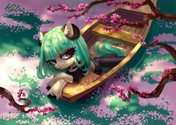 Size: 3507x2480 | Tagged: safe, artist:holivi, imported from derpibooru, oc, oc only, pony, boat, clothes, commission, curved horn, female, flower petals, mare, scenery, solo, tree, water
