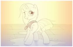 Size: 1900x1230 | Tagged: safe, artist:sherwoodwhisper, imported from derpibooru, oc, oc only, oc:eri, pony, unicorn, butt, cape, clothes, featureless crotch, looking at you, looking back, looking back at you, plot, puddle, solo, traditional art, water, wet, wet mane