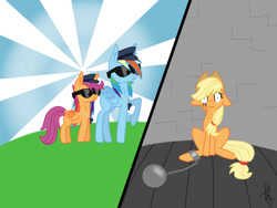 Size: 1024x768 | Tagged: safe, artist:ilaria122, imported from derpibooru, applejack, rainbow dash, scootaloo, pony, ball and chain, floppy ears, jail, police, police uniform, prison, sad, sunglasses, whistle