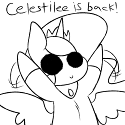 Size: 700x700 | Tagged: safe, artist:skoon, imported from derpibooru, princess celestia, alicorn, pony, celestilee, ask, black and white, cute, drawblog, female, grayscale, monochrome, smiling, solo, spread wings, tumblr, wings