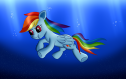 Size: 1752x1106 | Tagged: safe, artist:brok-enwings, imported from derpibooru, rainbow dash, pegasus, pony, bubble, female, mare, multicolored hair, solo, swimming, underwater, water