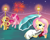 Size: 2500x2000 | Tagged: safe, artist:songbirdserenade, imported from derpibooru, fluttershy, pinkie pie, sunset shimmer, pony, unicorn, canada day, clothes, dress, ear piercing, earring, fireworks, happy, high res, jewelry, night, piercing, prone, umbrella