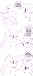 Size: 3300x7650 | Tagged: safe, artist:silfoe, imported from derpibooru, princess luna, twilight velvet, alicorn, pony, unicorn, royal sketchbook, absurd resolution, comic, dialogue, female, floppy ears, grayscale, mare, monochrome