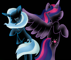 Size: 666x561 | Tagged: safe, artist:xxtailsytailsxx, imported from derpibooru, trixie, twilight sparkle, alicorn, pony, unicorn, black background, crying, female, lesbian, mare, sad, shipping, simple background, twilight sparkle (alicorn), twixie