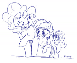 Size: 2400x1946 | Tagged: safe, artist:dilarus, deleted from derpibooru, imported from derpibooru, pinkie pie, rainbow dash, pony, chubby, diverse body types, monochrome, open mouth, size difference, sketch, smoldash