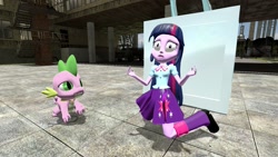 Size: 1600x900 | Tagged: safe, artist:1900895360h, imported from derpibooru, spike, twilight sparkle, dragon, human, equestria girls, 3d, duo, duo male and female, female, gmod, horrified, male, scene interpretation, screaming, twiscream