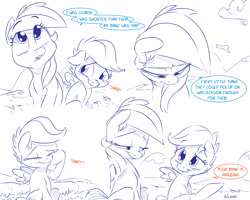 Size: 5000x4000 | Tagged: safe, artist:dilarus, deleted from derpibooru, imported from derpibooru, rainbow dash, scootaloo, pony, comic:the only one, absurd resolution, blushing, comic, monochrome, partial color, smiling