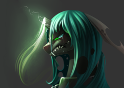 Size: 4960x3507 | Tagged: safe, artist:underpable, imported from derpibooru, queen chrysalis, changeling, changeling queen, absurd resolution, broken horn, chains, collar, crying, fangs, female, floppy ears, former queen chrysalis, gritted teeth, horn, missing horn, sharp teeth, solo, teeth